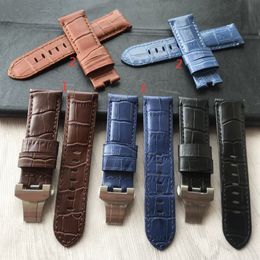 24mm Handmade Black blue Stitched Genuine Calf Leather Watch Strap Band For deployment buckle Watchband Strap for PAM187p