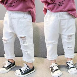 Trousers Broken Hole Pants White Color Spring Autumn Baby Girls Ripped Jeans Children Kids Elastic Waist Denim