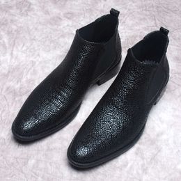 Fashion Snake Pattern Men's Genuine Leather Ankle Slip on Black Pointy Dress Formal Brand Boots Men Shoe