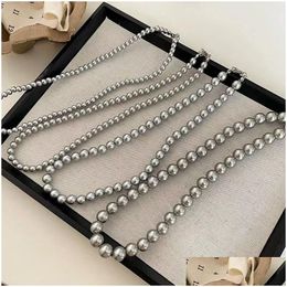 Beaded Necklaces High End Grey Pearl Necklaceretro Light Luxury Fashion 2023 Autumn Winter Sweater Chain Neckchain Accessories Drop Dhigm
