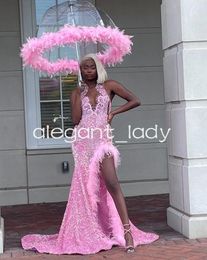 Pink Sparkly Mermaid Evening Ceremony Dresses for Women Luxury Diamond Crystal Feather slit Prom Birthday Gala Dress Black Girl
