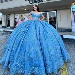 Mexico Sky Blue Shiny Off The Shoulder Ball Gown Quinceanera Dress For Girls Ball Beaded Crystal Birthday Party Gowns Bow Robe De Ball