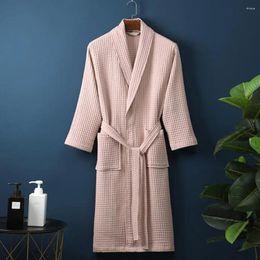 Men's Sleepwear Long Waffle Bathrobe Women Nightgown Unisex V Neck Lace-up With Pockets Loose Sleeve For Spring