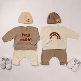 Clothing Sets Autumn Children's Sportswear Boys' Baby Letter Rainbow Sweatshirt Set Girls' Casual Top Solid Pants 2-Piece