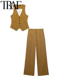 TRAF FANS Elegant Office Sleeveless Blazer Vest Women Sets Autumn V Neck Slim Waistcoat Female Crop Top Pants Suits 240124