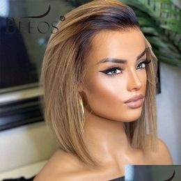 Human Hair Wigs Beeos 180 134 Deep Part Lace Front Human Hair Wig Straight Bob Short Ombre Ash Blonde Pre Plucked Brazilian Remy Drop Dhidx