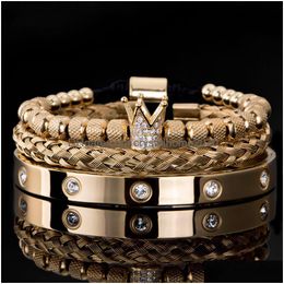 Charm Bracelets 3Pcs/Set Micro Pave Cz Crown Roman Royal Charm Men Bracelets Stainless Steel Crystals Bangles Couple Handmade Jewellery Dhqtw