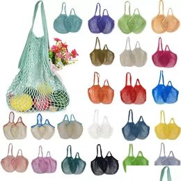 Storage Bags New Mesh Bags Washable Reusable Cotton Grocery Net String Shop Bag Eco Market Tote For Fruit Vegetable Portable Short And Dhniy