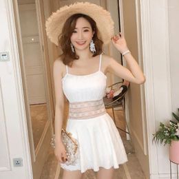 Women's Swimwear 2024 White Women Swimsuit Korean One Piece Ruffle Lace Sexy Waist See-through Beach Spaghetti Straps Dress Bathing Suit