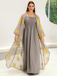 Ethnic Clothing Abaya 2024 Embroidery Chic And Elegant Woman Dress Mesh Cardigan Belted Kaftan Solid Gray Camisole Muslim Sets