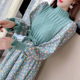 Casual Dresses 2024 Autumn And Winter Ladies Corduroy Dress With Coat Knitted Stitching Long Sleeve Waist Bottoming Mid Length Loral Skirt