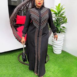 Casual Dresses Elegant African Black Shirts For Women O Round Full Sleeve Single Breasted Diamond Floor Length Birthday Party Dress
