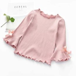 Girl's Dresses Girls T-shirt Spring Autumn Baby Kid Flare Sleeve Bow-knot Casual Shirt Childrens Cotton Long Sleeve Clothes for Girls New