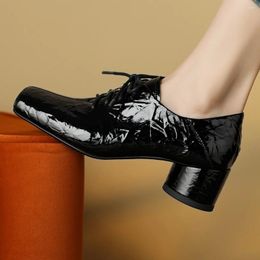 Dress Shoes Plus Size 34-42 Women's Patent Leather Lace-up Pumps Square Toe 5cm Thick Med Heel OL Style Elegant Ladies Heeled