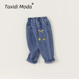 Skriv ut tecknad film 2024 Spring Autumn Kids Jeans Casual Girls Denim Pants Korean byxor Småbarn bär barnkläder för 110y 240124