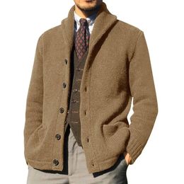 Men Knitted Coat Lapel Long Sleeve Pockets Thickened Cardigan Sweater Autumn Solid Buttons Placket for Work 240130