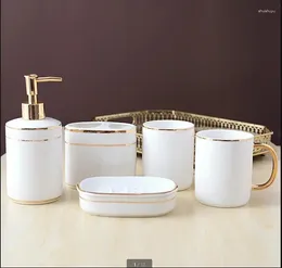 Bath Accessory Set Bathroom Golden Stripes Ceramic Toiletries Shower Gel Bottle Hand Washing Fluid Soap Dishes Portable Dispensers