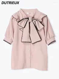 Women's Blouses 2024 V-neck Large Bow Lace-up Short Sleeve Shirt Janpanese Style Cute Sweet Blouse Female Summer Casual Tops For Women