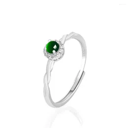 Cluster Rings 925 Silver Natural Jadeite Green Round Beads Finger Ring Adjustable Certificate Woman's Wedding Luxury Jade Vintage