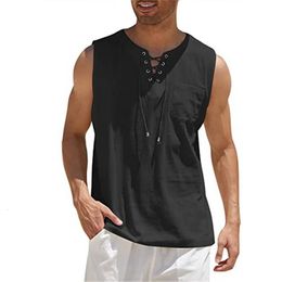 Cotton Linen Tank Top Men Drawstring V Neck Sleeveless Shirts Summer Streetwear Casual Shirt Gym Fitness Slim Fit Vest Tops 240123