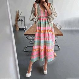 Casual Dresses Boho Long Dress For Women 2024 Summer Geometric Colour Block Loose V-neck Vintage Folds Beach Sexy Vacation Vestidos