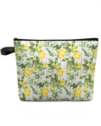 Cosmetic Bags Lemon Leaf Flower White Wood Grain Makeup Bag Pouch Travel Essentials Women Toilet Organiser Storage Pencil Case