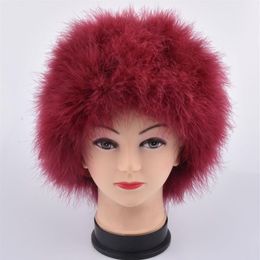 Women Winter Fur Cap Genuine Ostrich Feather Turkey fur Hat Multicolor Turkey Beanies Hat Full Lined Light weight251l