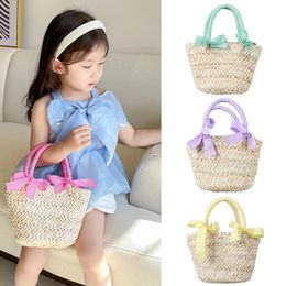 Kids Bags for Girls Handbag Children Tote Bags Summer Beach Travel Bows Princess Child Straw Bags Baby Accessories 240129