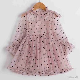 Girl's Dresses Cute Girls Pink Party Dresses Flower Girl Dress For Wedding Ceremonial Kids Birthday Costume Fall Polka Dots Long Sleeve Clothes