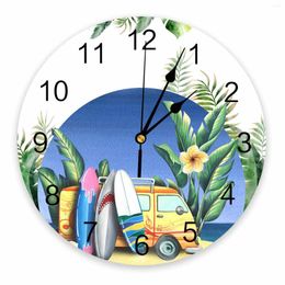 Wall Clocks Beach Bike Surfing Tropical Leaves Watercolor Summer Clock Modern Silent Living Room Home Decor Hanging Watch