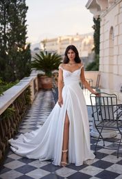 Modest Sheer Neck Cap Sleeve Wedding Dresses Pärlade lår Högdelad brudklänning Pleat Satin En linje Vestido de Novia för Bride 326