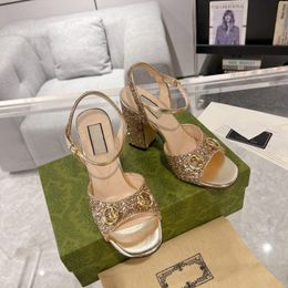 24ss Designer sandals mid-heel sandal Metallic gold leather crystals high heels womens summer sandals metal dress open toe shoes banquet high heel