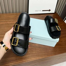 designer slides double buckle sandal leather sandals women summer sandles rubber sole classic beach shoes with box 520