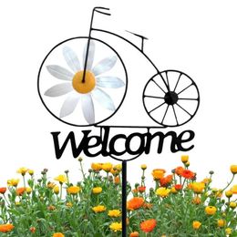 Garden Welcome Stake Iron Stakes With Windmill Bicycle Design Outdoor Spinning Wheel Sunflower Wind Spinner decor 240122