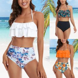 Women's Swimwear Ruffles Women Suits Two Piece Sets Printed Beachwear High Waist Bikini Set Bottoms Push Up Tankini Swimsuits