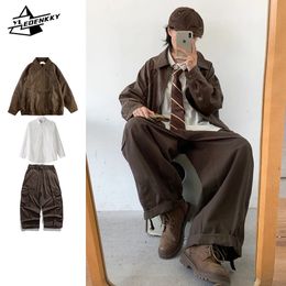Retro Set Men Women Distressed Loose Motorcycle Leather Jacket Hip Hop Straight Cargo Pants Solid Colour Casual Shirt Threepiece 240122