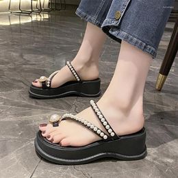 Slippers High Heels Clip Toe Women Shoes Summer Beaded Flip Flops 2024 Brand Slingback Sandals Pumps Fad Beach Slides Femme
