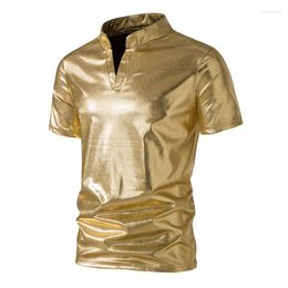 Men's T Shirts Men Gold Shiny Henry Neck Shirt Fashion Short Sleeve Coated Metallic Nightclub Disco Party T-shirt Hip Hop Homme Costume 2024