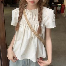 Women's Blouses Women Chic Folds Design Kawaii Girls Summer Loose Korean Style Fashion Teens Short Sleeve Tops Casual All-match Retro