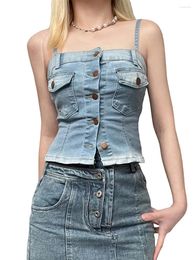 Womens Tanks Women Sexy Denim Corset Camisole Spaghetti Strap Backless Button Up Crop Top Sleeveless Y2k Club Streetwear