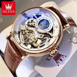 OLEVS Moon Phase Mechanical Watch Men with Dual Time Zone Display Waterproof Automatic Skeleton Mens Watches Top Brand Luxury 240130