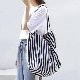 Shopping Bags Casual Striped Canvas Bag For Women Large Capacity Shoulder Daily Totes Student Bookbag School Travel Beach