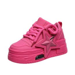 Dress Shoes 2023 New PU Leather Womens Sneakers Platform Lace-up Star Skateboard Shoes in Candy Colours for Girls