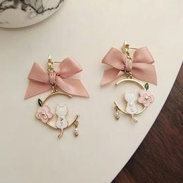 Dangle Earrings Lovely Cartoon Enamel Moon Cat Drop For Women Kawaii Cute Pink Bowknot Rabbit Girls Jewelry Gifts