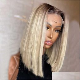 Synthetic Wigs Short Bob Coloured Ombre Blonde 1B613 Middle Ratio 13X4 Lace Front Wig With Baby Hair For Black Women Glueless Drop Del Dhdbw