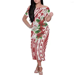 Party Dresses Polynesian Tribal Red Flower Print Dress For Women Off Shoulder Short Sleeves Elegant Evening Summer Beach 2024