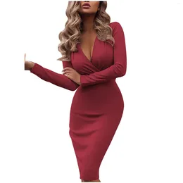 Casual Dresses Sexy Deep V Neck Slim Party Evening Dress For Women 2024 Fashion Sequin Bodycon Elegant Long Sleeve Midi