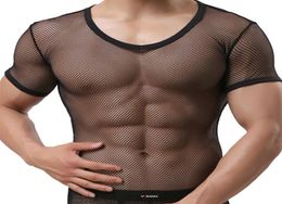 Transparent Mesh Fabric Sexy Men T Shirt See Through Tops Tees Man Tshirt V Neck Singlet Gay Male Casual Clothes Tshirt 2103117121385