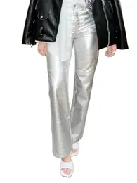Women's Pants 2024 Fashion Women Vintage High Waist Reflective Silver Straight PU Baggy Lady Bodycon Faux Leather Glitter Trousers