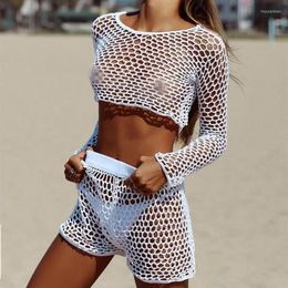 Sarongs Fish Net Bikini Cover-ups Summer Sexy See-through Two Pieces Beach Wear Women Short Suits272C